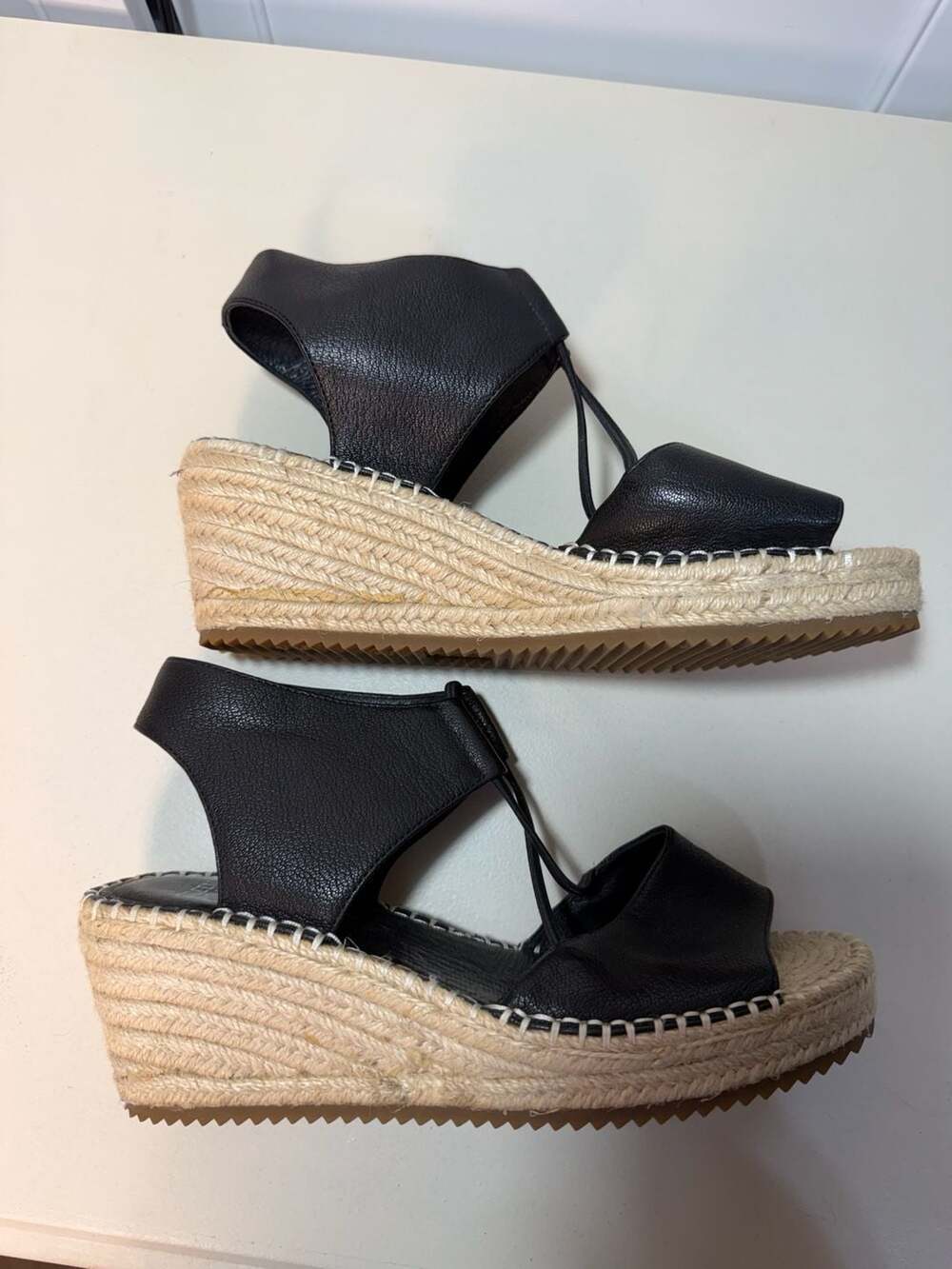 Eileen Fisher Black Leather Espadrille Wedge Sandals Size 8.5 - Picture 3 of 6